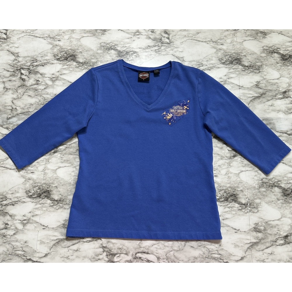 Harley Davidson Women's T-Shirt Size L Slim Blue 3/4 Sleeve Athens Ohio‎ Graphic